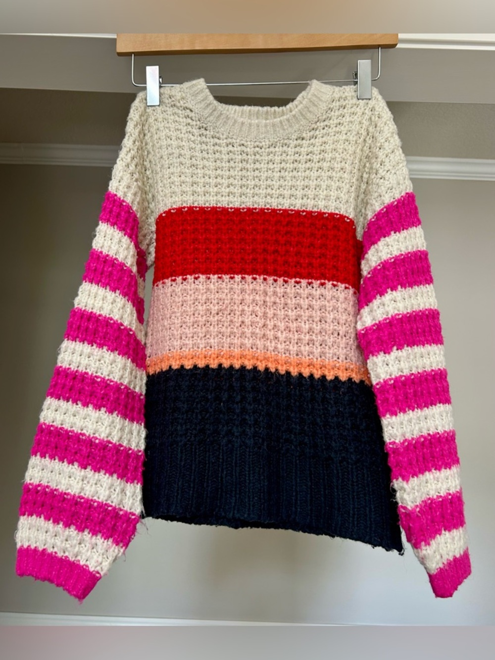 Cat & Jack Cream Sweater with Fuchsia, Red, Pink, Peach & Navy Stripes
